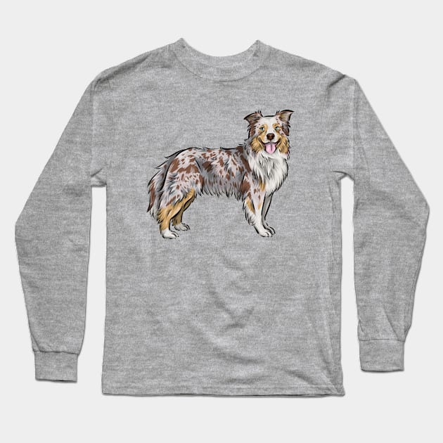 Australian Shepherd Dog | Red Merle | Rose Ears Long Sleeve T-Shirt by Shirin Illustration